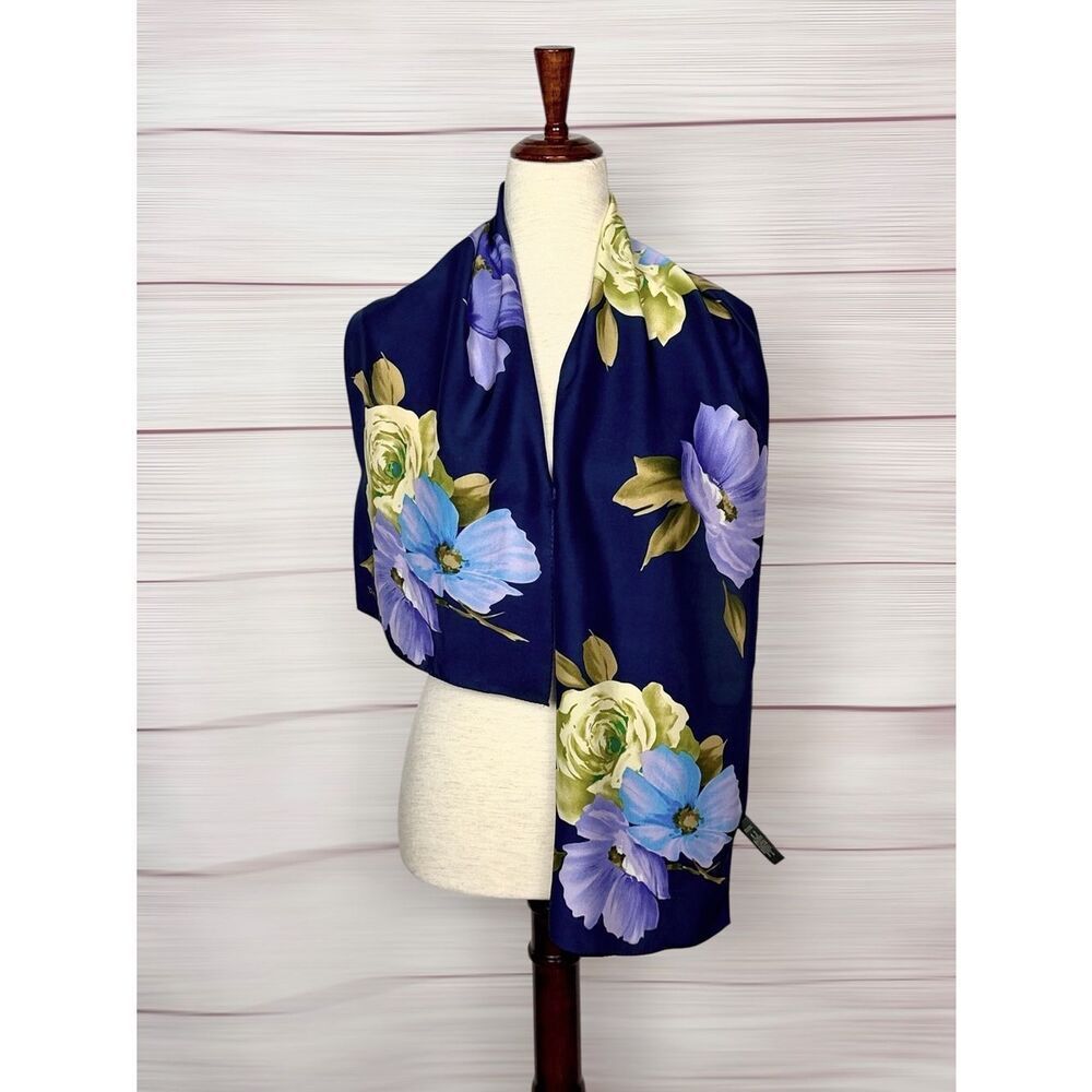 Echo Silk Satin Blue Scarf Rectangle 11,5x52" Floral Print